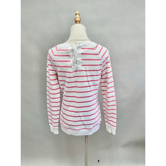 Tommy Hilfiger white & pink stripe lace up sweater Size Small Coastal Preppy y2k - Picture 1 of 14